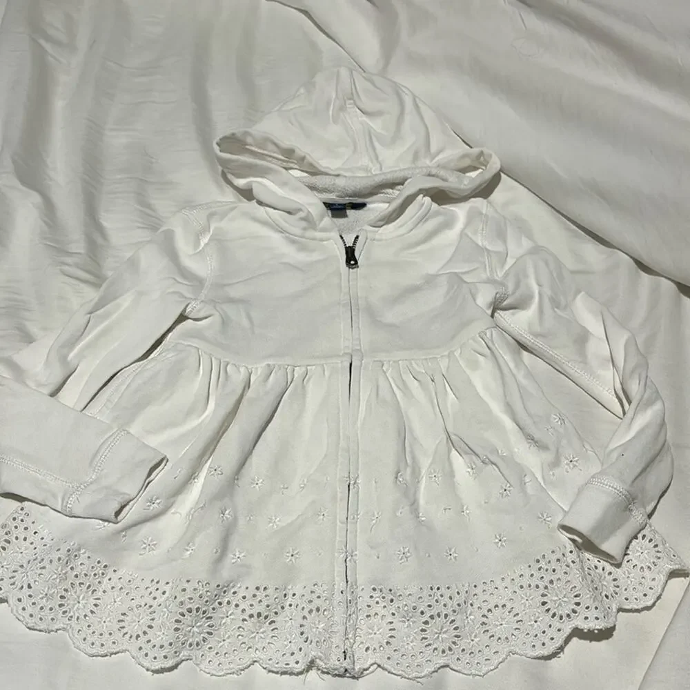 Ralph Lauren 6 white front zip hooded French Terry embroidered Eyelet detail euc